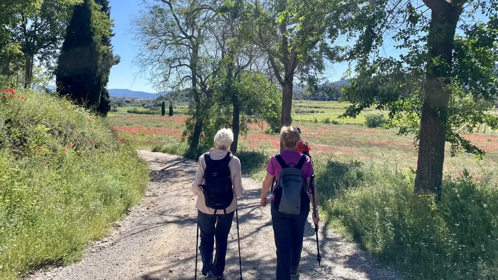 2 people walking, through catalonia on a sunny day